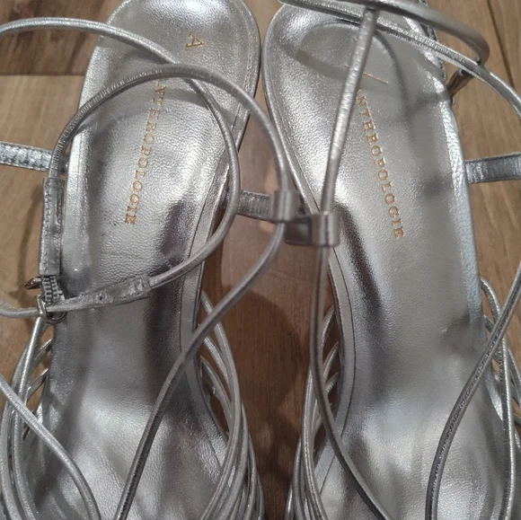 Anthropologie Silver Strappy Sandal Heels - Picture 4 of 11